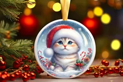 Winter Kitten Portrait Santa Hat Round Ornament Sublimation Product Image 3