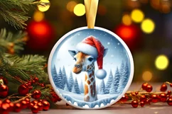 Colorful Winter Giraffe Portrait Santa Hat Round Ornament Product Image 2