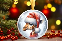 Colorful Winter Giraffe Portrait Santa Hat Round Ornament Product Image 3