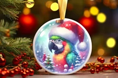 Colorful Winter Parrot Portrait Santa Hat Round Ornament Product Image 2