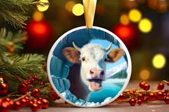 Icy Wall Cow Smiling Round Ornament Christmas Winter PNG Product Image 1