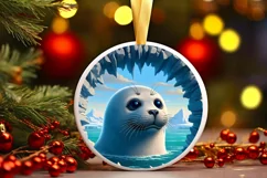 Icy Wall Seal Smiling Round Ornament Christmas Winter PNG Product Image 1