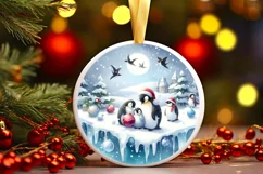 Melting Winter Scene Penguins Round Ornament Sublimation PNG Product Image 1