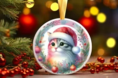 Colorful Watercolor Christmas Cat Round Sticker Product Image 1