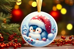 Penguin Santa Hat 3D Round Pastel Watercolor Sublimation PNG Product Image 2
