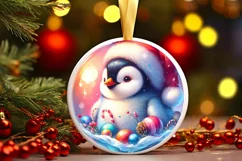 Penguin Santa Hat 3D Round Pastel Watercolor Sublimation PNG Product Image 2