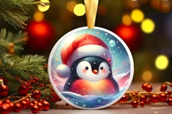 Penguin Santa Hat 3D Round Pastel Watercolor Sublimation PNG Product Image 2