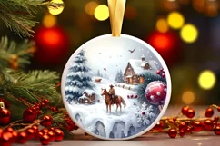 Winter Scene with Cowboy Round Ornament Sublimation PNG Product Image 1