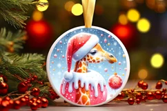 Watercolor Winter Scene Giraffe Santa Hat Ornament PNG Product Image 2