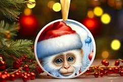 Watercolor Winter Scene Monkey Santa Hat Ornament PNG Product Image 2
