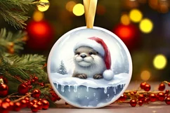 Watercolor Winter Scene Otter Santa Hat Ornament PNG Product Image 3