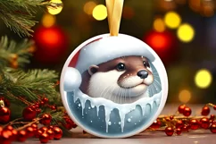 Watercolor Winter Scene Otter Santa Hat Ornament PNG Product Image 1