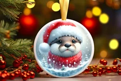 Watercolor Winter Scene Otter Santa Hat Ornament PNG Product Image 1