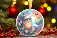 Colorful Pastel Watercolor Christmas Cat Ornament PNG Product Image 3