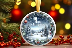 Winter Scene with Merry Christmas Round Ornament Sublimation Product Image 1
