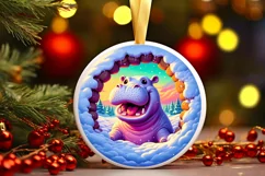 Snow Hippo Smiling Through Hole Round Ornament PNG Product Image 2