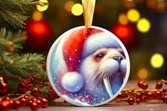 3D Walrus Portrait with Santa Hat Round Ornament Sublimation Product Image 3