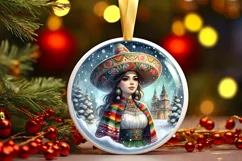 Winter Scene with Mexican Person Round Sticker Ornament Product Image 1