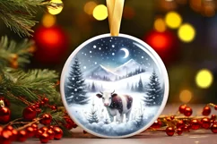 Cow Winter Scene Round Ornament Sublimation PNG Product Image 3