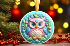 3D Christmas Owl Round Ornament Sublimation PNG Product Image 1