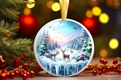 Winter Scene with Reindeer Round Ornament Sublimation PNG Product Image 1