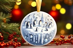 Winter Scene with Penguins Round Ornament Sublimation PNG Product Image 3