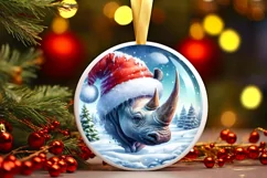 Round Christmas Ornament with Rhino Santa and Hat PNG Product Image 1