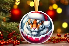 Winter Tiger with Santa Hat Round Ornament Sublimation PNG Product Image 2