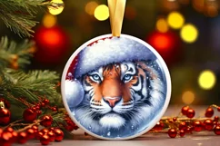 Winter Tiger with Santa Hat Round Ornament Sublimation PNG Product Image 2