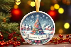 Snowy Wishes White Christmas Round Ornament Sublimation PNG Product Image 1