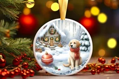 3D Winter Scene with Dog Round Ornament Sublimation PNG Product Image 3