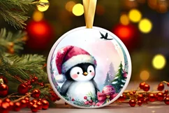 Colorful Pastel Christmas Penguin Round Ornament Sublimation Product Image 3