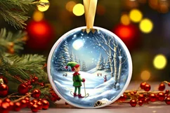 3D Winter Scene Elf Round Christmas Ornament PNG Product Image 1