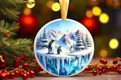 3D Winter Scene Penguins Round Christmas Ornament PNG Product Image 2