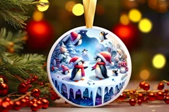 3D Winter Scene Penguins Round Christmas Ornament PNG Product Image 1