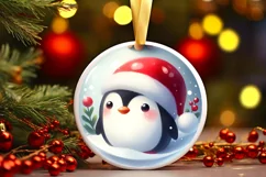 3D Penguin Portrait with Santa Hat Round Christmas Ornament Product Image 3