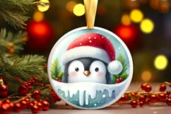 Winter Scene Penguin Portrait with Santa Hat Round Ornament Product Image 2