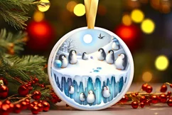 Winter Scene with Penguins Round Ornament Sublimation PNG Product Image 3
