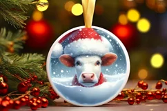 Winter Cow Portrait with Santa Hat Round Ornament Product Image 2