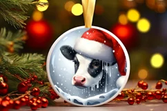 Winter Cow Portrait with Santa Hat Round Ornament Product Image 2