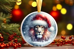 Winter Lion Portrait with Santa Hat Round Ornament Product Image 2