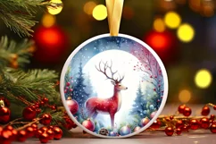 Watercolor Deer Christmas Round Ornament Sublimation PNG Product Image 1