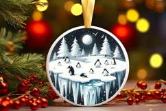 Watercolor 3D Looking Penguins Round Christmas Ornament Product Image 3