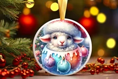 Colorful Watercolor Christmas Lamb Round Ornament PNG Product Image 1
