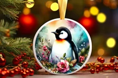 Colorfull Watercolor Penguin Winter Christmas Round Ornament Product Image 2