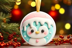 Pastel Penguin Christmas Round Ornament Sublimation PNG Product Image 1