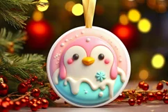 Pastel Penguin Christmas Round Ornament Sublimation PNG Product Image 3