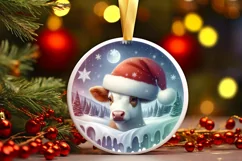 Winter Scene Cow Portrait Round Ornament Sublimation PNG Product Image 1