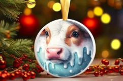 Winter Scene Cow Portrait Round Ornament Sublimation PNG Product Image 2