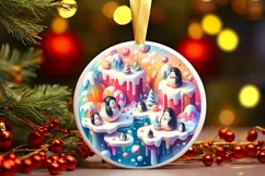 Colorful Penguins Winter Scene Round Ornament Sublimation Product Image 3